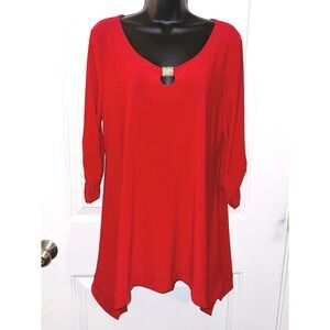 Cover Charge red tunic blouse with rhinestone embellishment on front